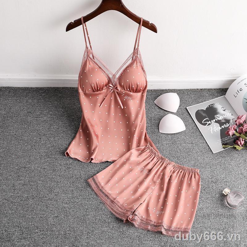 ♗❡Bộ Đồ Ngủ Hai Dây Cổ Chữ V Họa Tiết Chấm Bi Gợi Cảm Cho Nữ