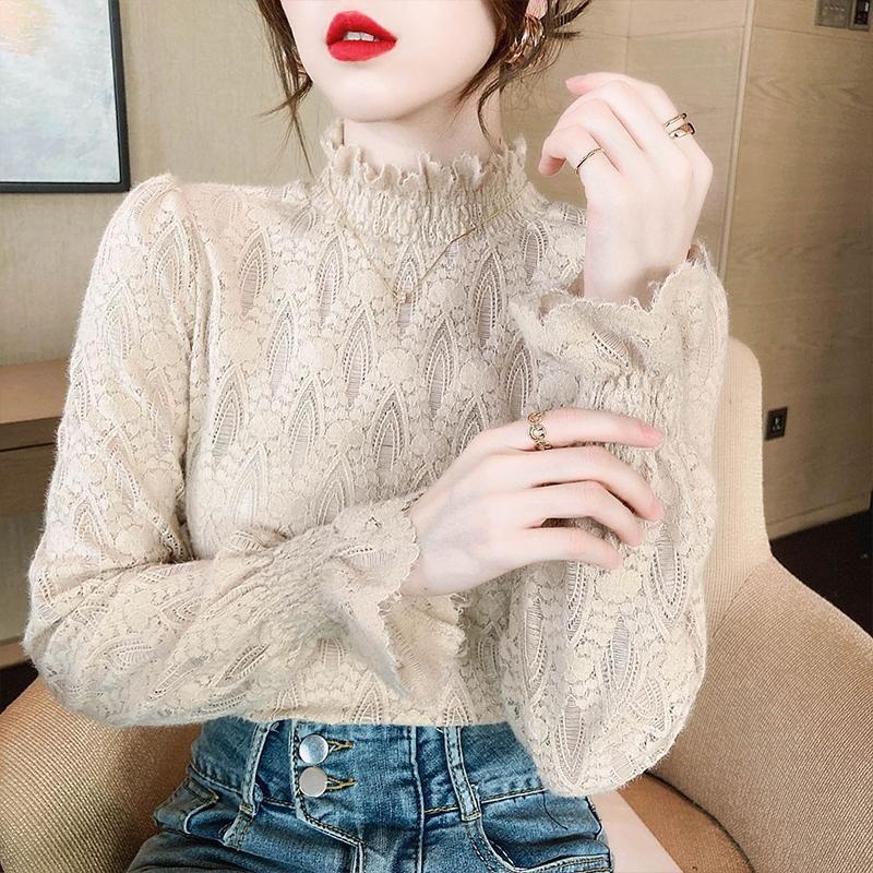 Áo Kiểu Cổ Lọ Phối Ren Lót Nhung Tay Loe Plus Size Thời Trang Xuân Thu Cho Nữ
