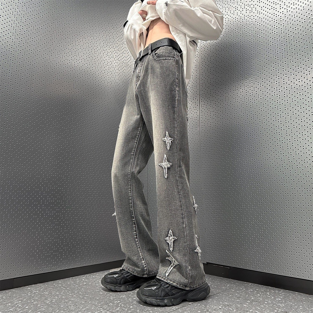Quần Yếm Jean Dài Ống Loe Thêu Ngôi Sao / Chữ Thập Kiểu Retro Mỹ Cá Tính Cho Nam Và Nữ