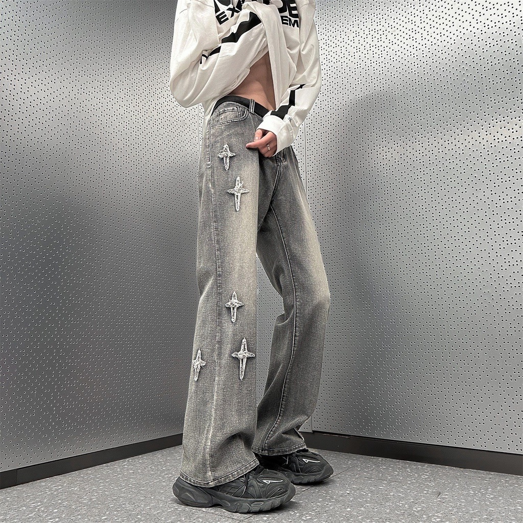 Quần Yếm Jean Dài Ống Loe Thêu Ngôi Sao / Chữ Thập Kiểu Retro Mỹ Cá Tính Cho Nam Và Nữ
