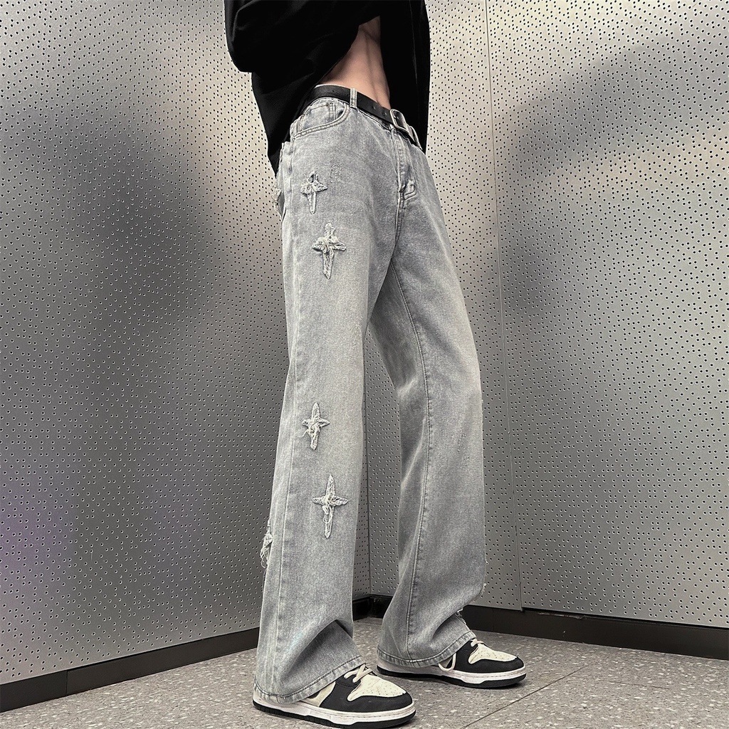 Quần Yếm Jean Dài Ống Loe Thêu Ngôi Sao / Chữ Thập Kiểu Retro Mỹ Cá Tính Cho Nam Và Nữ