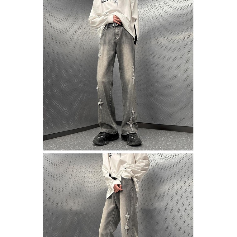 Quần Yếm Jean Dài Ống Loe Thêu Ngôi Sao / Chữ Thập Kiểu Retro Mỹ Cá Tính Cho Nam Và Nữ