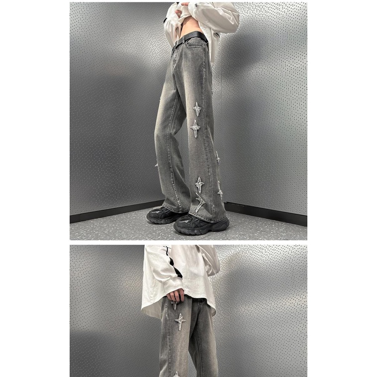Quần Yếm Jean Dài Ống Loe Thêu Ngôi Sao / Chữ Thập Kiểu Retro Mỹ Cá Tính Cho Nam Và Nữ