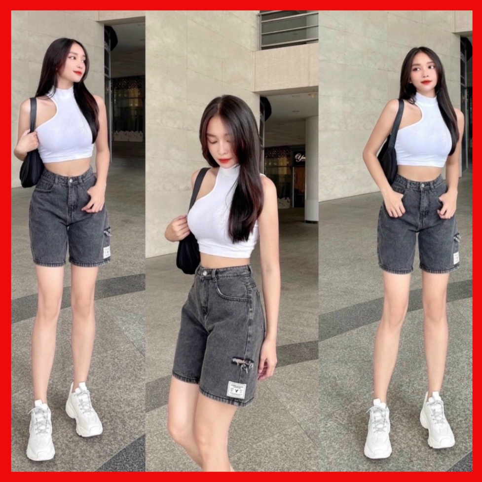 Quần jean ngố nữ rách cạnh lưng cao, vải bò denim không kéo dãn bền đẹp
