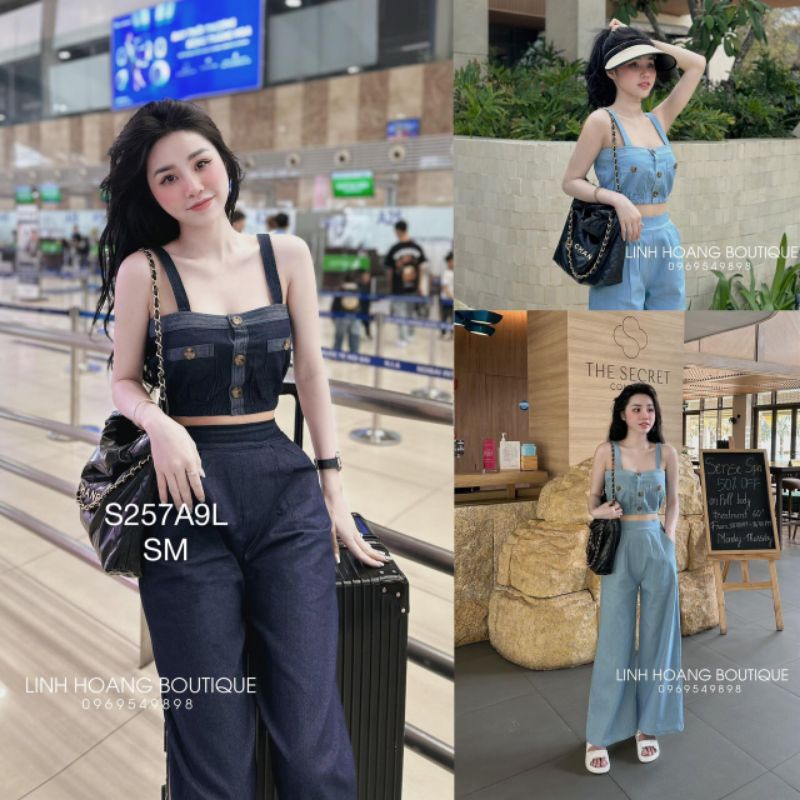 Set Bộ Jeans Nữ Áo Denim Croptop 2 Dây Mix Quần Ống Rộng Cạp Chun Sau Có Túi Kèm Ảnh Thật 2 Màu - S3068