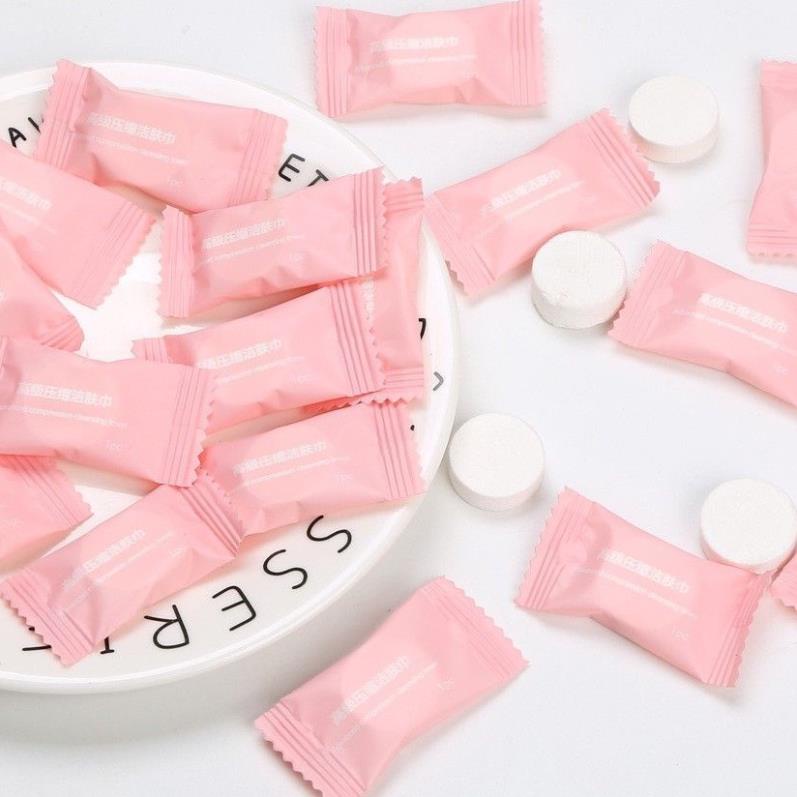 Sỉ 100 Viên Khăn Giấy Nén hình viên kẹo bỏ túi khi đi du lịch - Dùng tẩy trang, khăn lau mặt dạng nén dùng một lần