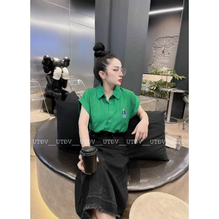 Áo sơ mi đũi cộc tay thêu gấu whou màu xanh lá cho nữ