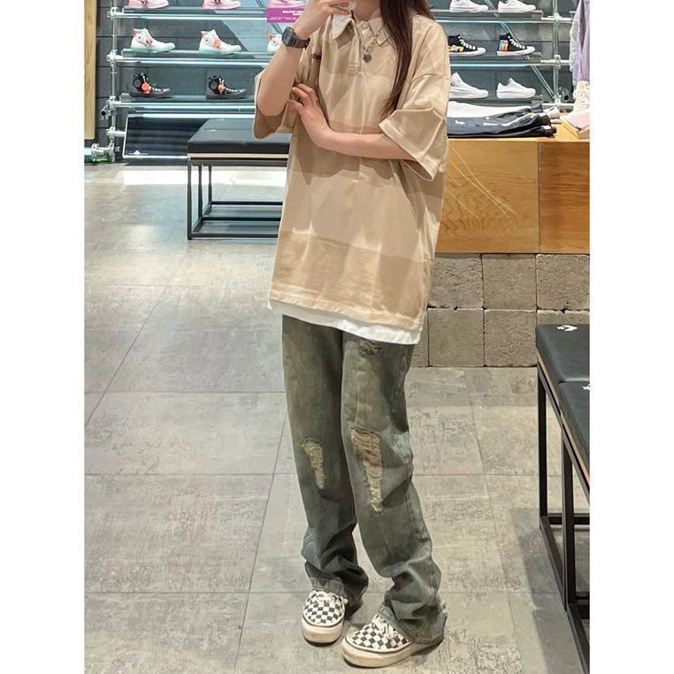 Jiashucheng Quần Jean Dài Dáng Rộng Phối Rách Kiểu Đường Phố Cá Tính Cho Nữ