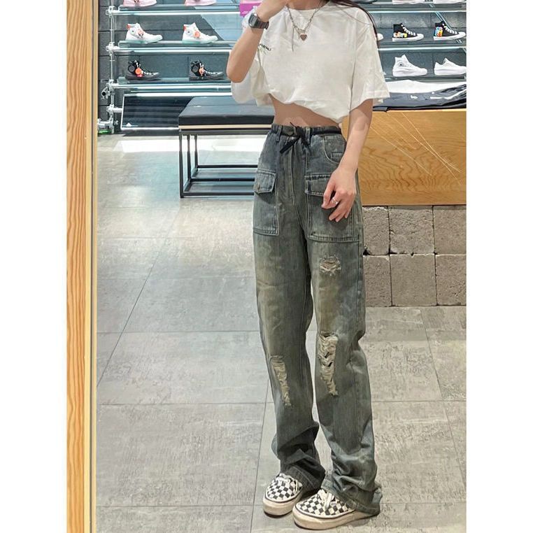 Jiashucheng Quần Jean Dài Dáng Rộng Phối Rách Kiểu Đường Phố Cá Tính Cho Nữ