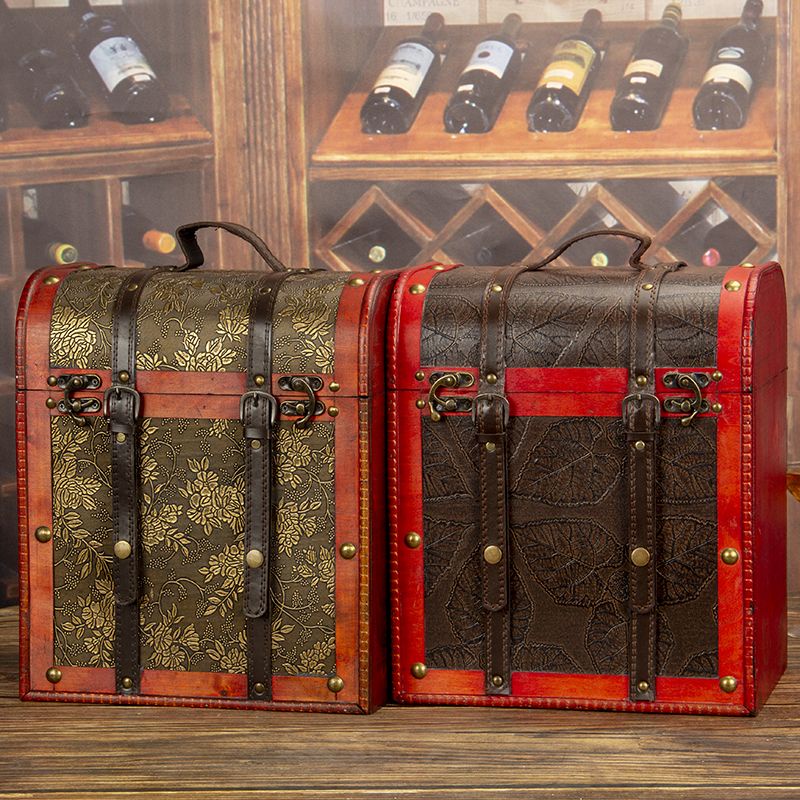 Hộp Gỗ Đựng Rượu Vang Kèm Sáu Hộp Da Phong Cách Châu Âu