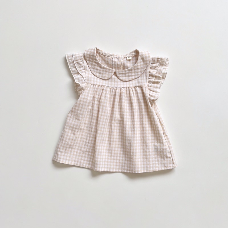 Áo cộc tay caro màu hồng nhạt xuất Nhật vải thô mềm mát size 4-6 tuổi