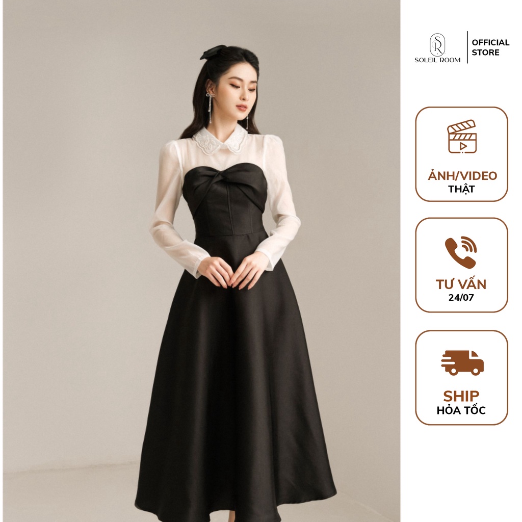 Váy Thiết Kế Dáng Dài SOLIEL ROOM Đầm Dài Phối Tơ Cổ Ngọc Xòe Thiên 2 Lớp YONA DRESS