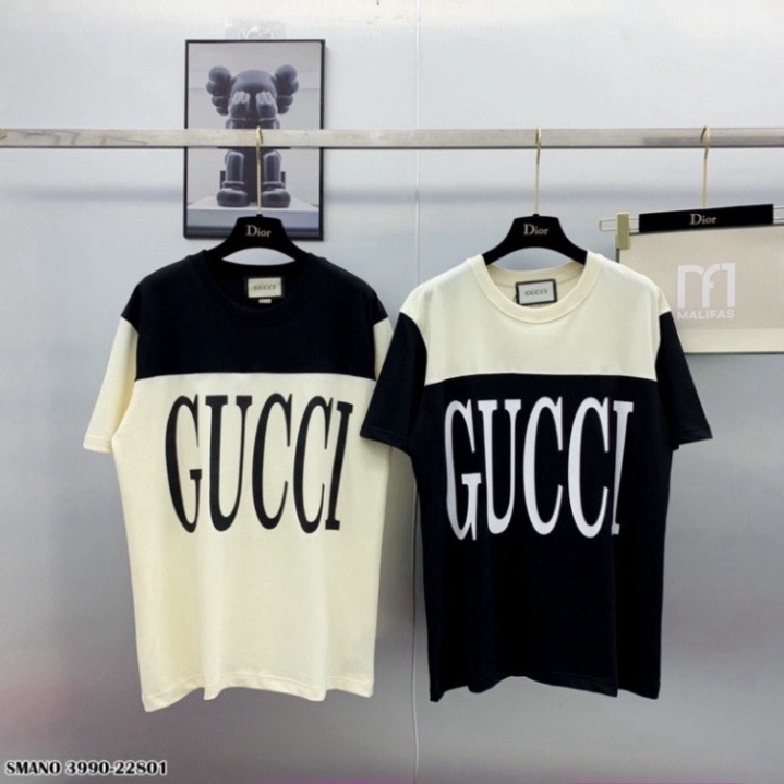 Áo thun nam nữ tay lỡ in chữ Gucci đen trắng HOTTREND, áo phông đôi Unisex 3158 cổ tròn chất cotton dày dặn cao cấp