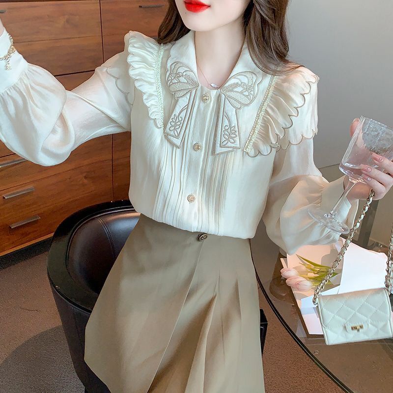 Áo Sơ Mi chiffon Tay Dài Cổ Búp Bê Thêu Họa Tiết Phong Cách retro Thời Trang Mùa Thu Mới 2022