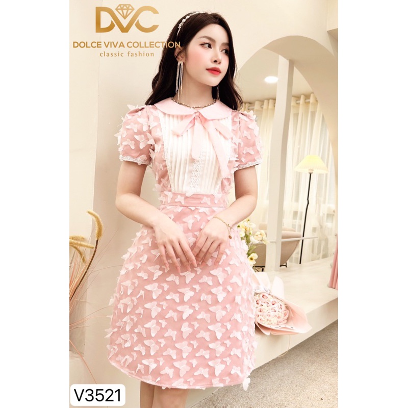 V3521 Váy hồng đính cánh bướm cổ nơ xinh xắn thiết kế cao cấp