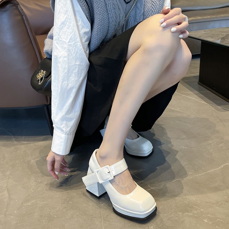 Giày cao gót nữ Mary Jane 2023 mới một từ khóa dài gót giày da nhỏ