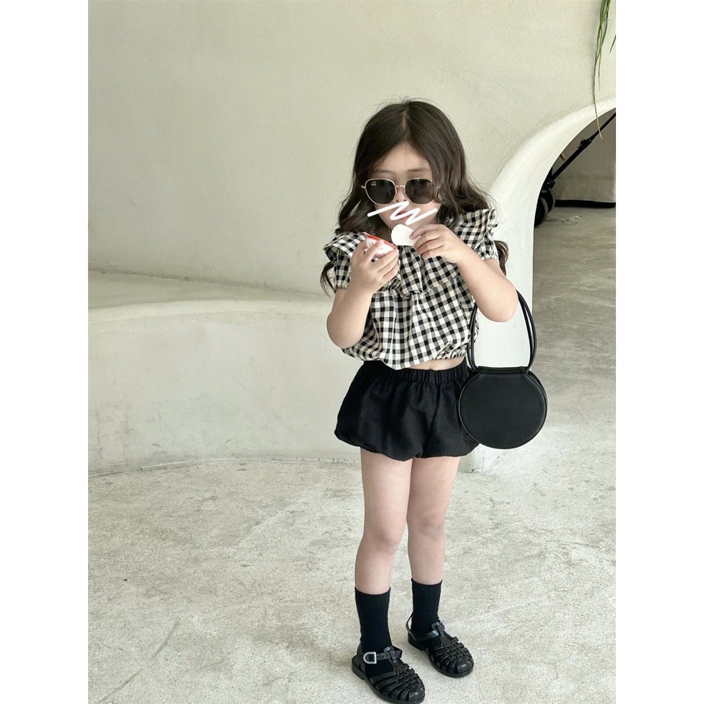 Bộ Áo Sơ Mi Cổ Lá Sen + Quần Đùi Kẻ Sọc Caro Thời Trang Mùa Hè Hàng Mới Dành Cho Bé Gái