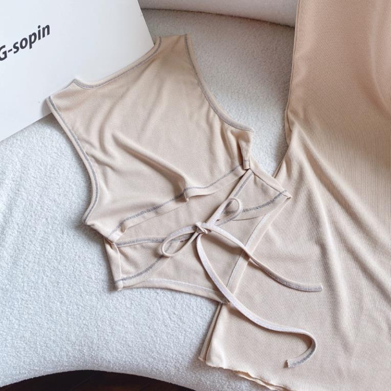 COMBO ÁO CROPTOP LAI NHỌN HỞ LƯNG THẮT NƠ + CHÂN VÁY MAXI NUDE ĐUÔI CÁ