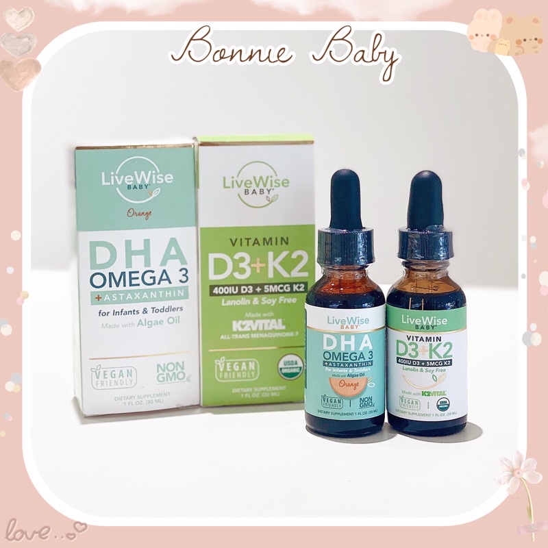 Bộ đôi thuần chay Vitamin D3K2 Organic & DHA Omega3 Livewwise Baby Mỹ cho bé từ sơ sinh