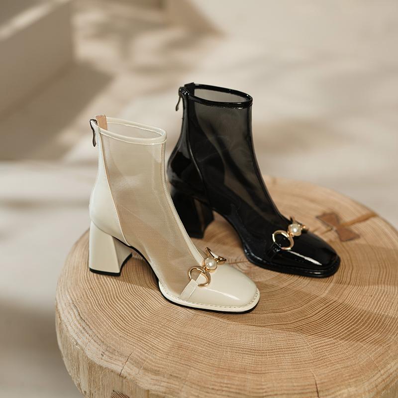 Giày Bốt Lưới Mỏng Cao Gót Mũi Vuông Thời Trang Mùa Hè 2022 Mới