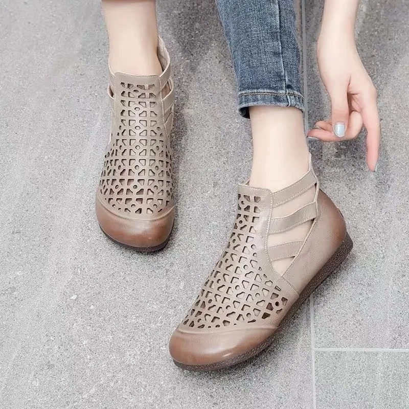 Giày Bốt Da Thật Đục Lỗ Mũi Tròn Phong Cách Dân Tộc Thời Trang Mùa Hè 2023