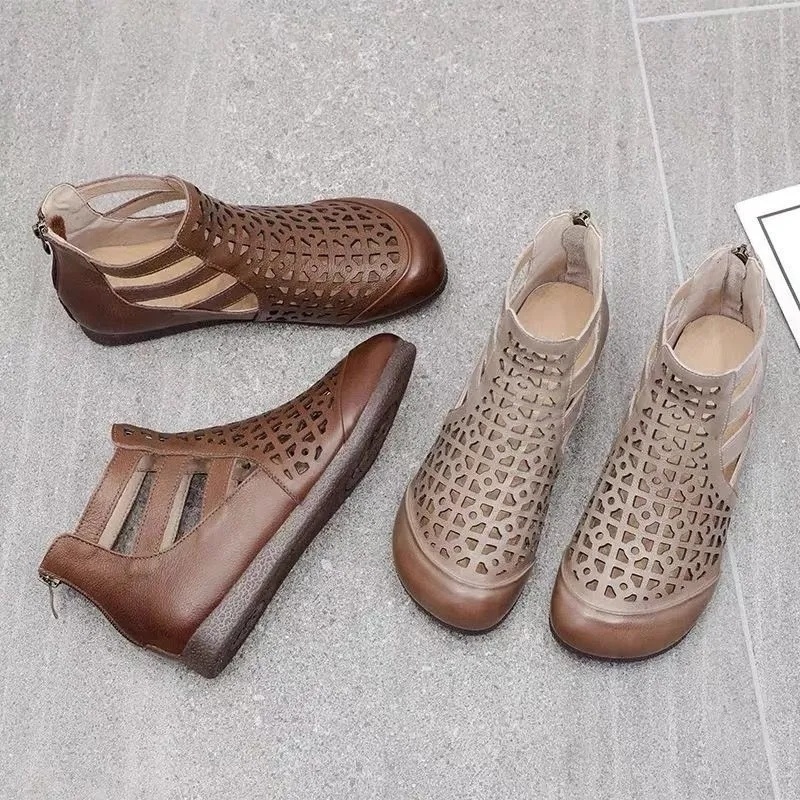 Giày Bốt Da Thật Đục Lỗ Mũi Tròn Phong Cách Dân Tộc Thời Trang Mùa Hè 2023