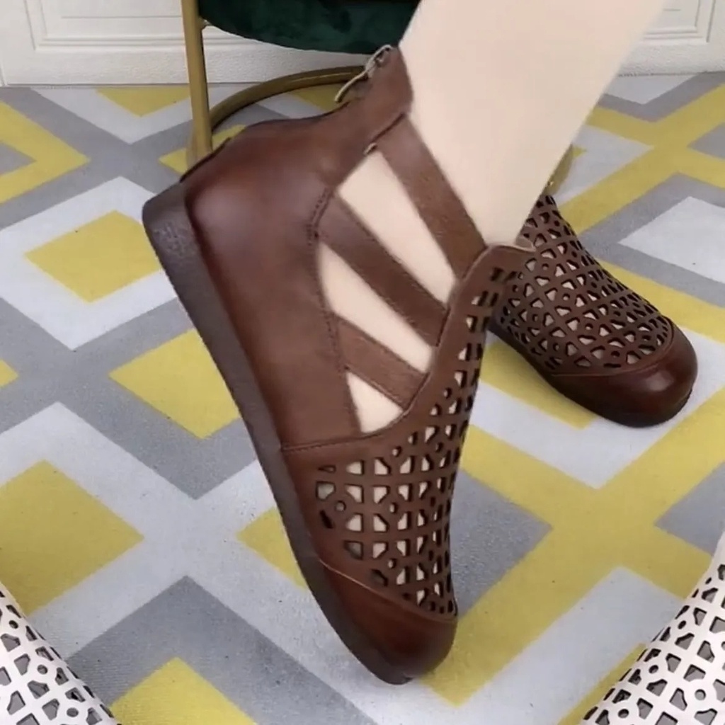 Giày Bốt Da Thật Đục Lỗ Mũi Tròn Phong Cách Dân Tộc Thời Trang Mùa Hè 2023