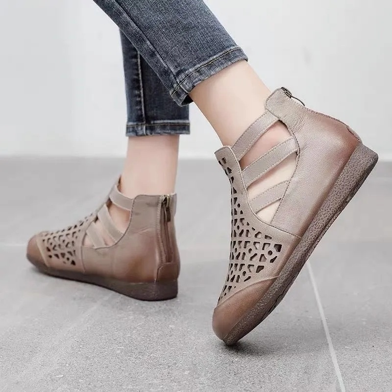 Giày Bốt Da Thật Đục Lỗ Mũi Tròn Phong Cách Dân Tộc Thời Trang Mùa Hè 2023