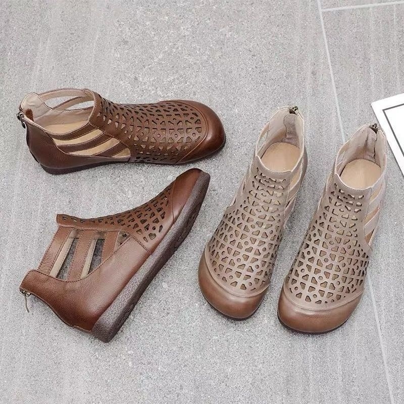 Giày Bốt Da Thật Đục Lỗ Mũi Tròn Phong Cách Dân Tộc Thời Trang Mùa Hè 2023