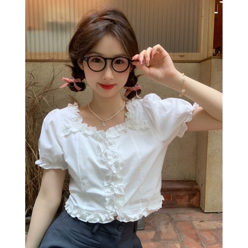 Jiashucheng Áo Sơ Mi Ngắn Nhỏ Màu Trắng Thiết Kế Viền Nấm Kiểu Pháp Cổ Điển Thời Trang Mùa Hè 2023 Mới Dành Cho