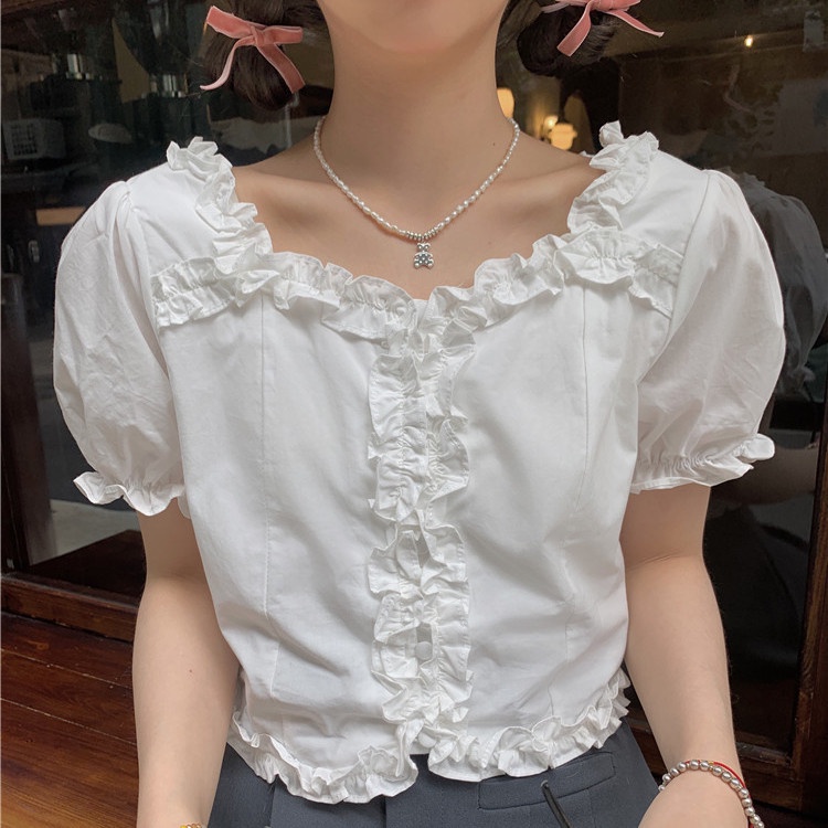 Jiashucheng Áo Sơ Mi Ngắn Nhỏ Màu Trắng Thiết Kế Viền Nấm Kiểu Pháp Cổ Điển Thời Trang Mùa Hè 2023 Mới Dành Cho