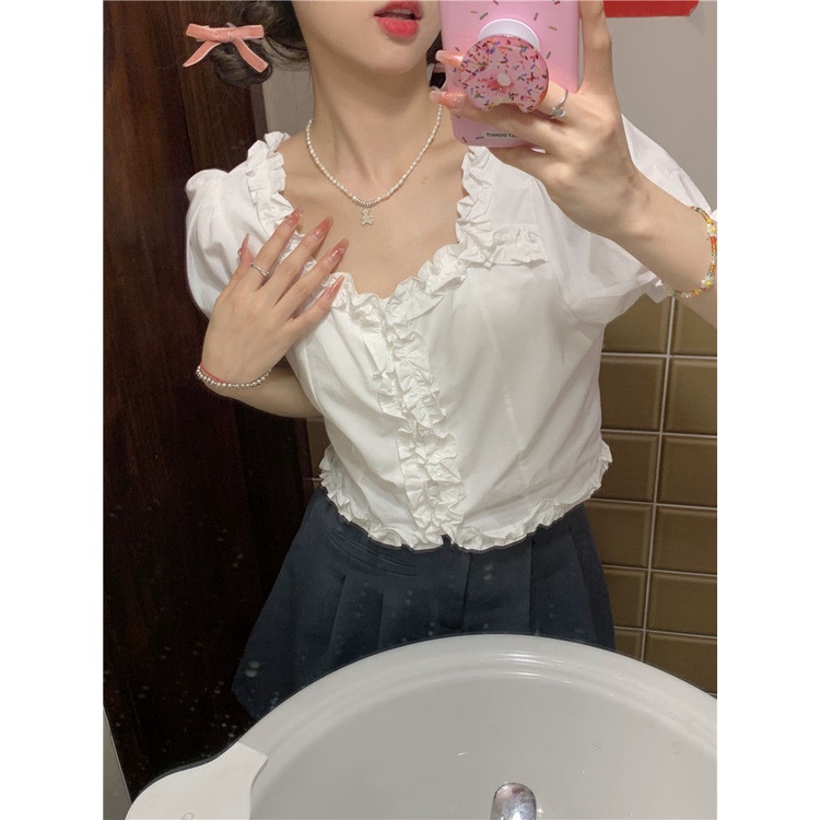 Jiashucheng Áo Sơ Mi Ngắn Nhỏ Màu Trắng Thiết Kế Viền Nấm Kiểu Pháp Cổ Điển Thời Trang Mùa Hè 2023 Mới Dành Cho