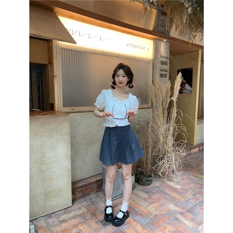 Jiashucheng Áo Sơ Mi Ngắn Nhỏ Màu Trắng Thiết Kế Viền Nấm Kiểu Pháp Cổ Điển Thời Trang Mùa Hè 2023 Mới Dành Cho