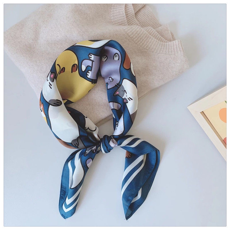 Khăn Quàng Cổ Lụa Hình Vuông In Chữ Mèo Kiểu Hàn Quốc Đa Năng Cho Nữ