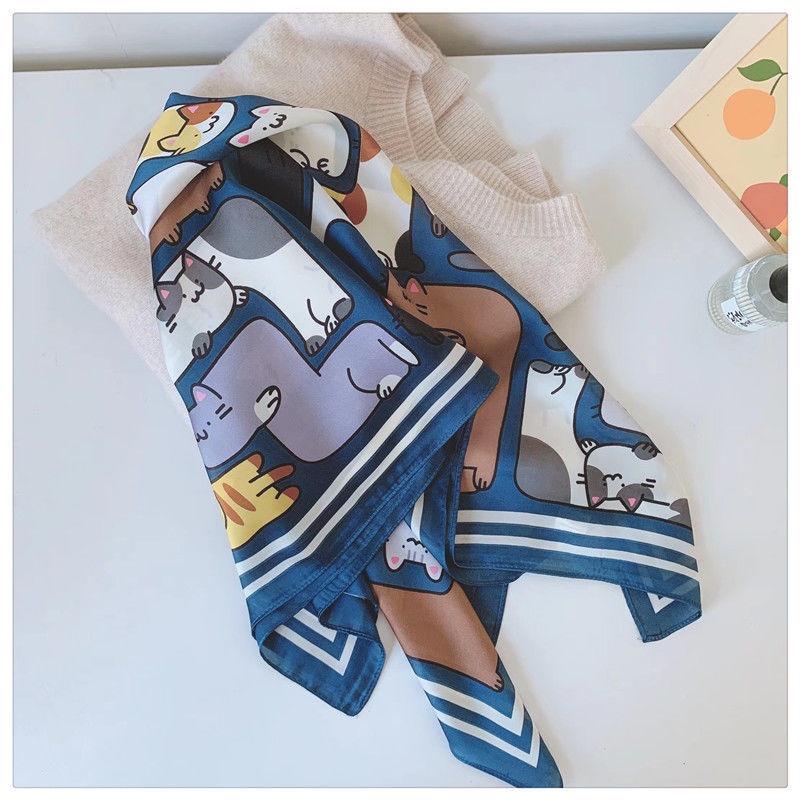 Khăn Quàng Cổ Lụa Hình Vuông In Chữ Mèo Kiểu Hàn Quốc Đa Năng Cho Nữ