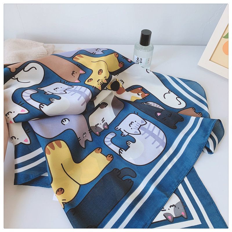 Khăn Quàng Cổ Lụa Hình Vuông In Chữ Mèo Kiểu Hàn Quốc Đa Năng Cho Nữ