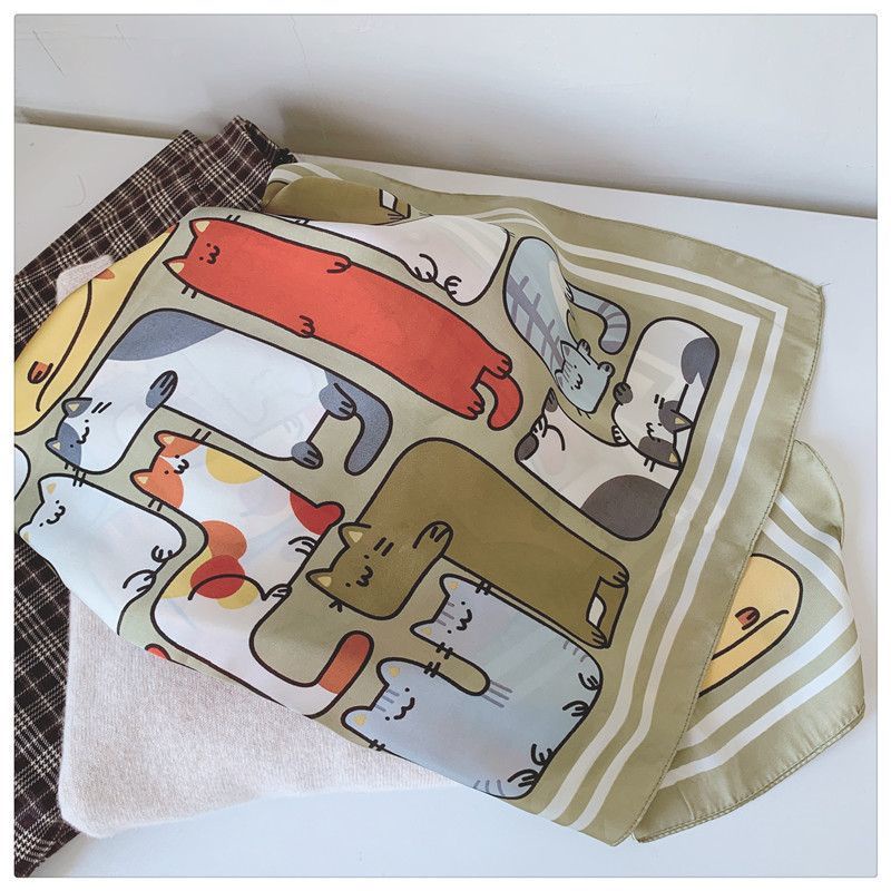 Khăn Quàng Cổ Lụa Hình Vuông In Chữ Mèo Kiểu Hàn Quốc Đa Năng Cho Nữ