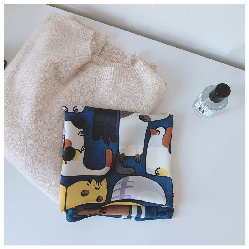 Khăn Quàng Cổ Lụa Hình Vuông In Chữ Mèo Kiểu Hàn Quốc Đa Năng Cho Nữ