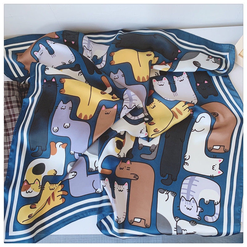 Khăn Quàng Cổ Lụa Hình Vuông In Chữ Mèo Kiểu Hàn Quốc Đa Năng Cho Nữ