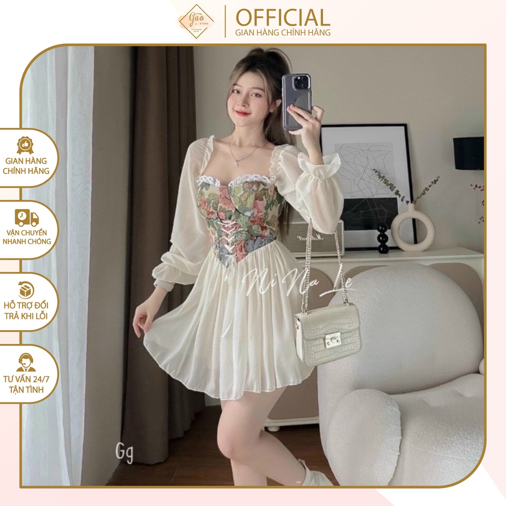 Set Đầm Váy Công Chúa Tay Dài Bánh Bèo, Thiết Kế Họa Tiết Cực Đẹp, Chất Voan Dày Dặn, Tôn Phong Cách Sang Chảnh