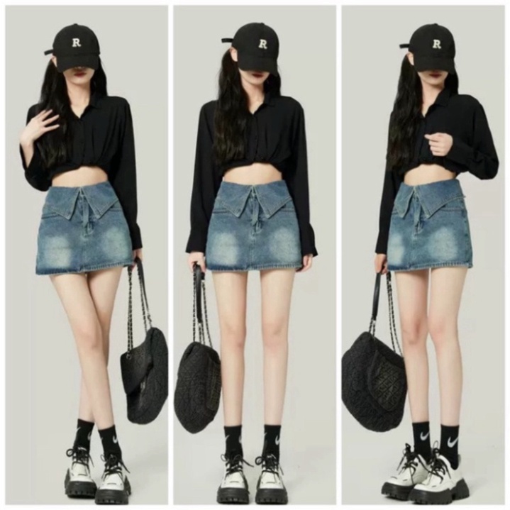 Chân váy jean cạp gập màu xanh, màu khói dáng thon dài siêu đẹp hot trend