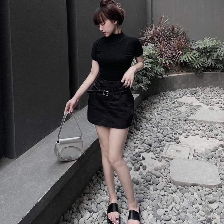M369 - Set áo thun body ôm cổ mix chân váy A tặng kèm thắt lưng
