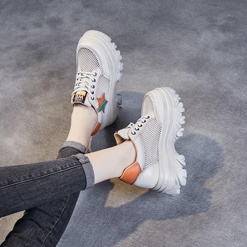 Giày Da Bò Thật Đế Dày Phối Lưới Đục Lỗ Thoáng Khí Thời Trang Mùa Hè 2023 Cho Nữ