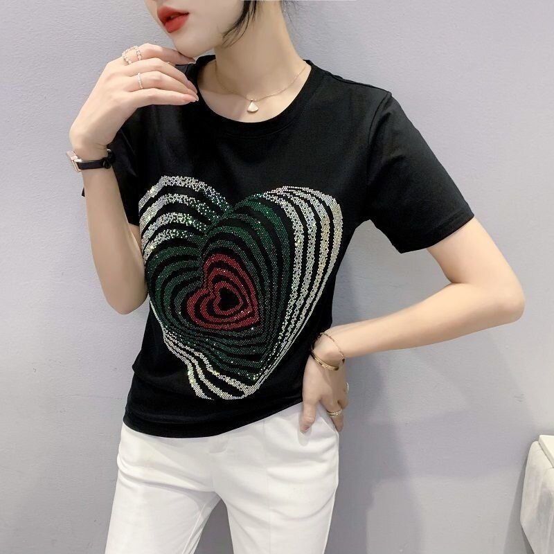 Áo Thun Unisex Đính Đá Trái Tim Nổi Tiếng Trên Mạng Áo Cổ Tròn Kiểu Tây Tôn Dáng SOYOUNG Store Store WAT 006