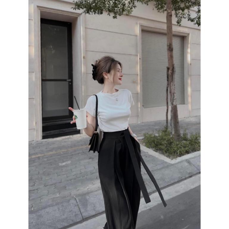 Bán sỉ Set áo pull trắng mix quần ống rộng buộc dây