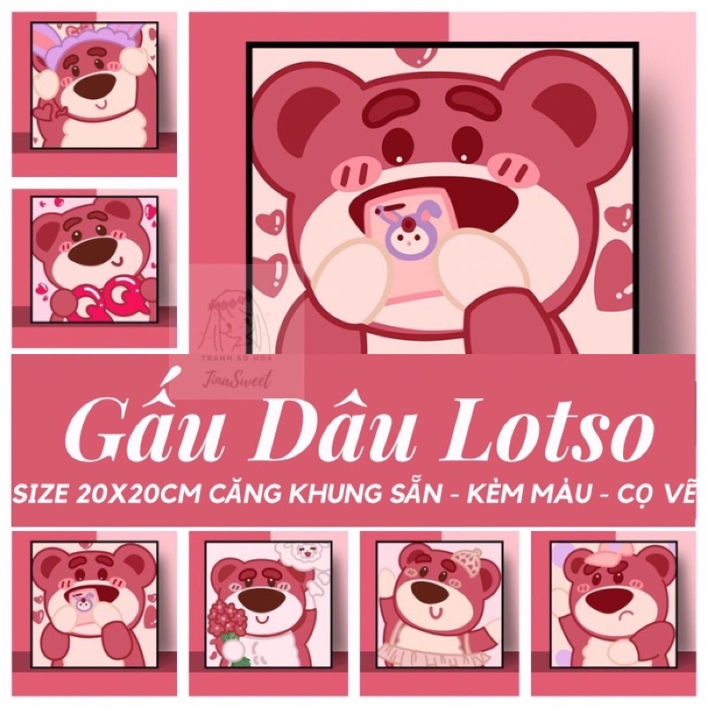 Tranh tô màu theo số Gấu Dâu Lotso - Size 20x20cm căng khung sẵn, tặng màu và cọ vẽ