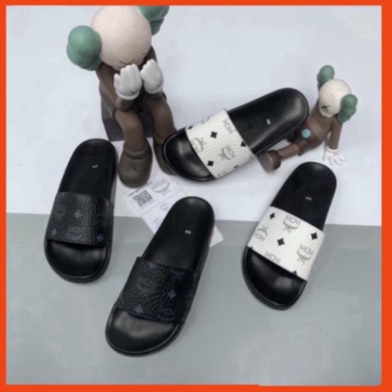 Dép lê nam quai ngang in hình MCM - Dép nam quai da chất Cò Vạc