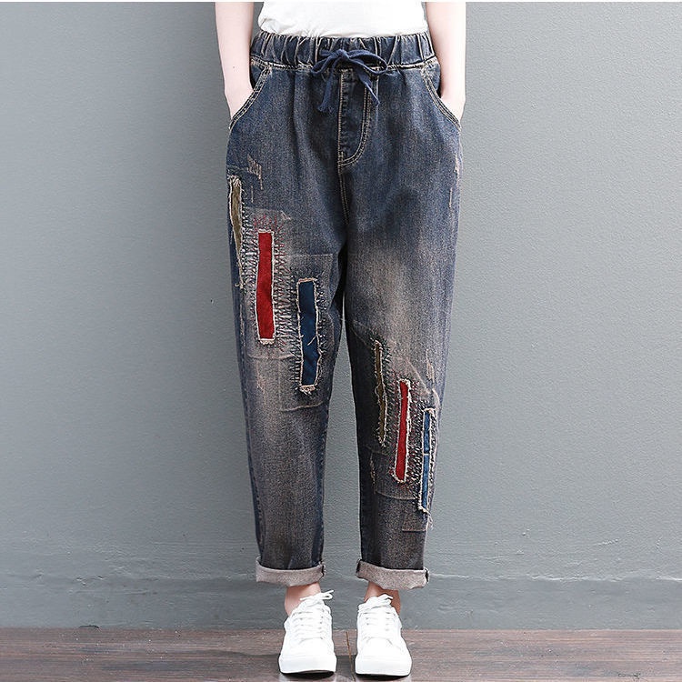 Quần Jeans Nữ Lưng Thun Họa Tiết Thêu Phong Cách Retro