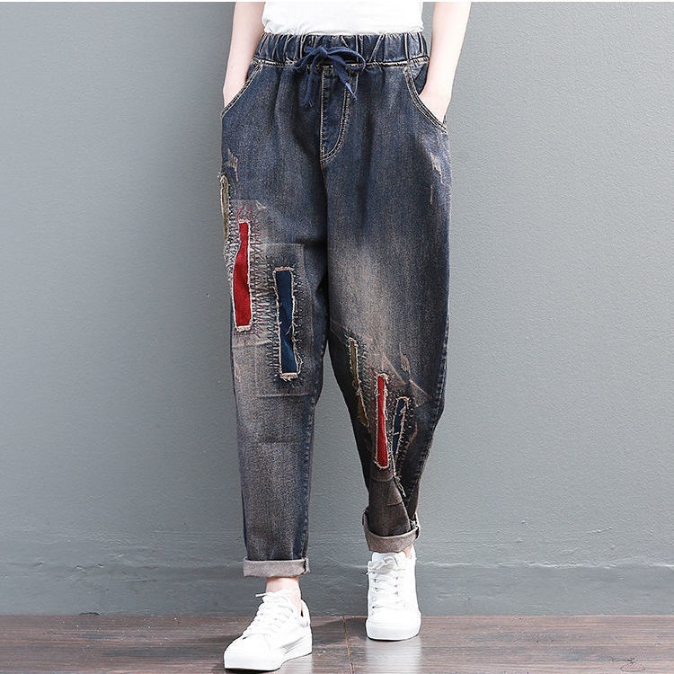 Quần Jeans Nữ Lưng Thun Họa Tiết Thêu Phong Cách Retro