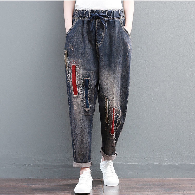 Quần Jeans Nữ Lưng Thun Họa Tiết Thêu Phong Cách Retro